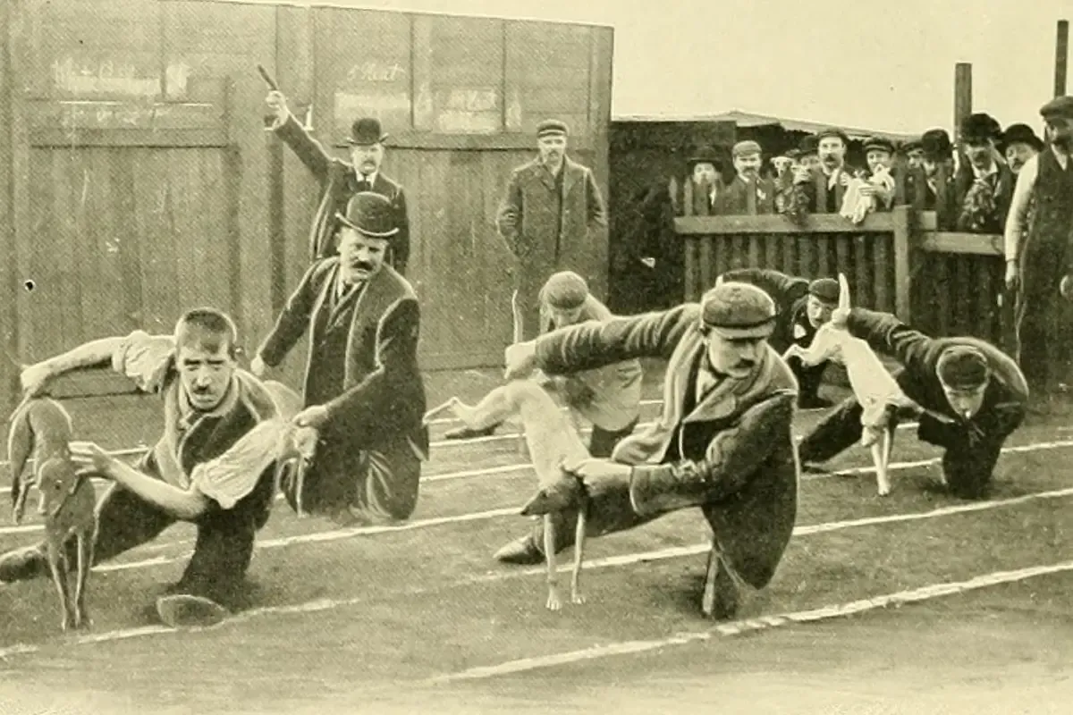 Whippet history, owners crouched on the start line holding their dogs before a rag race, Britain, 1911