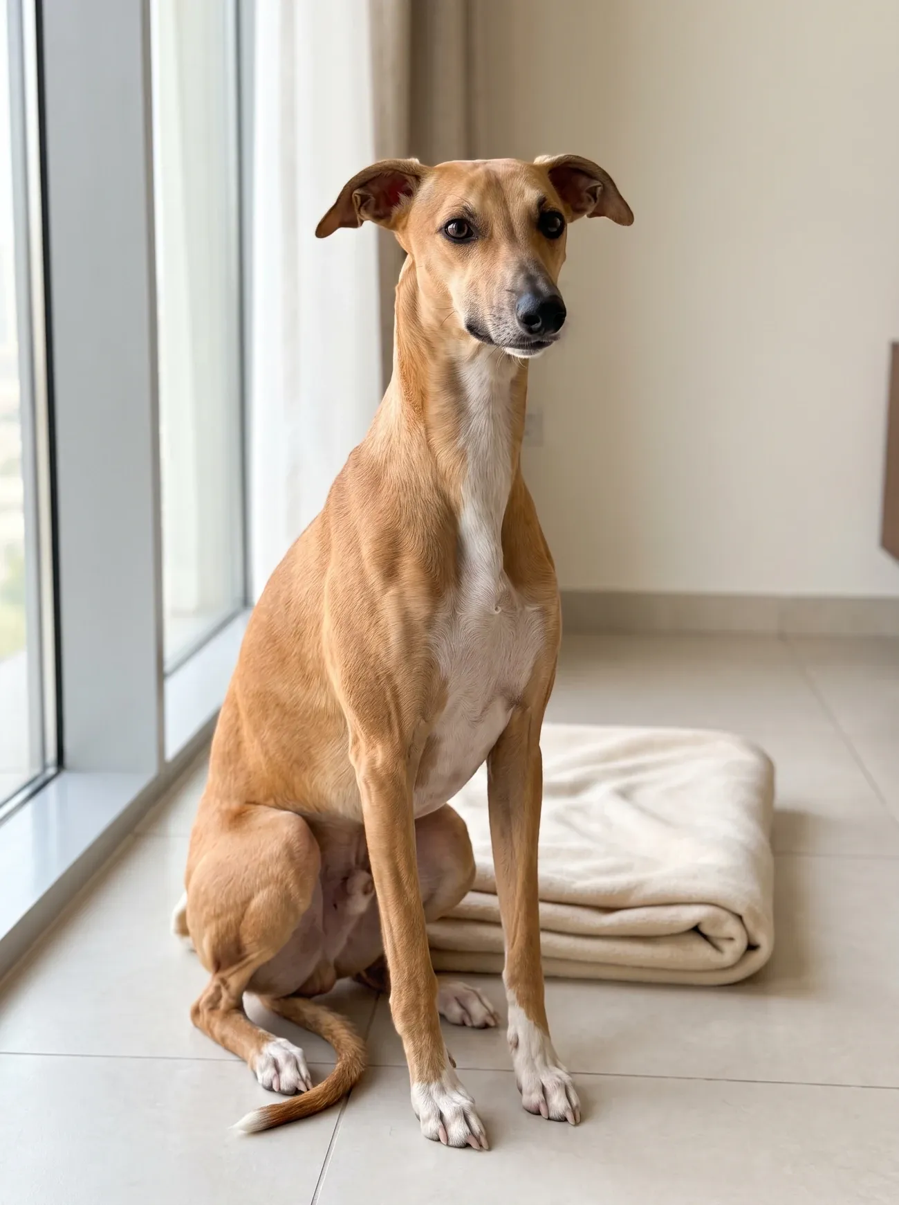 Whippet, the same red fawn adult sitting on cool pale tiles beside a folded fleece in a bright flat