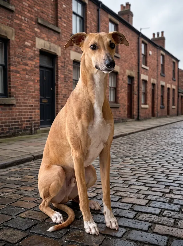 Whippet, a red fawn adult sitting on a cobbled street of brick terraced houses in a northern English mill town