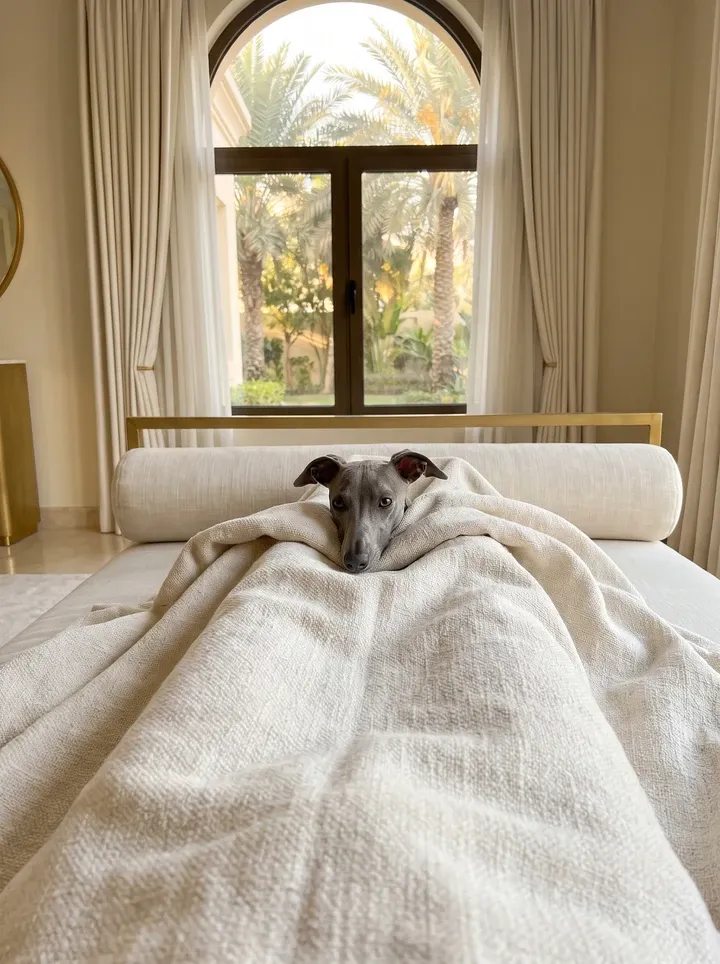 Whippet in Dubai, a blue adult tucked under a cream blanket on a daybed, palms through the arched window