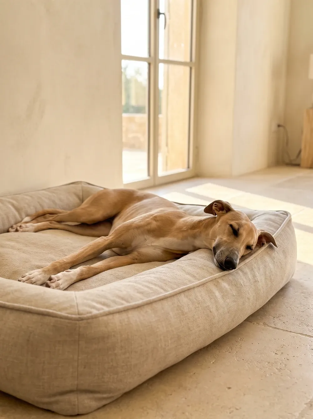 Whippet, a fawn adult with a white chest stretched out asleep on a padded bed in a sunlit room
