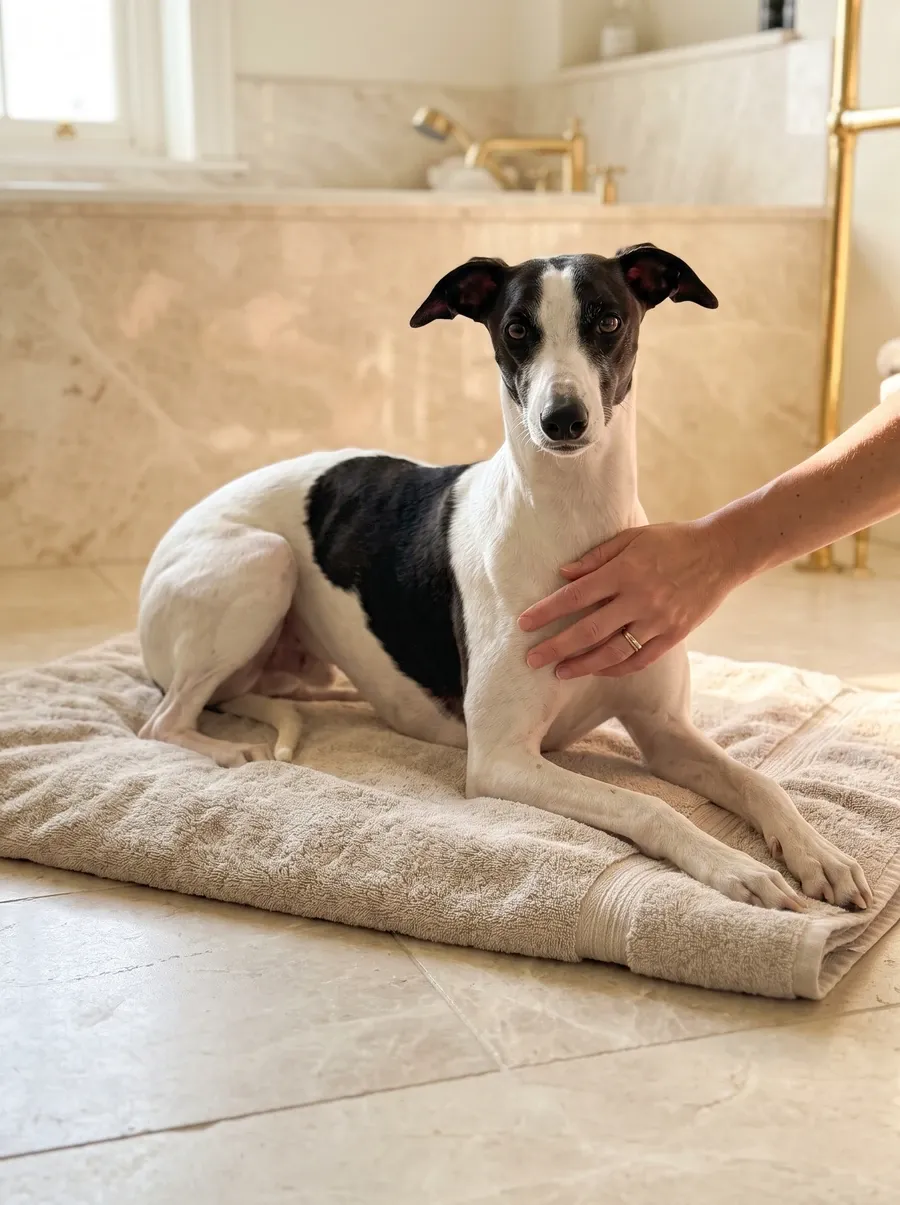 Whippet, a white and black adult lying on a towel on a stone bathroom floor, a hand on their shoulder