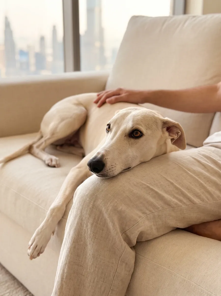 Whippet in Dubai, a cream adult resting their chin on a pet parent's knee, the skyline through the window