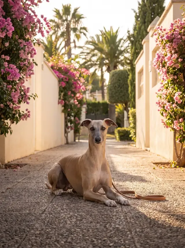Whippet in Dubai, a blue fawn adult lying on a shaded villa path with bougainvillea, the lead slack beside them