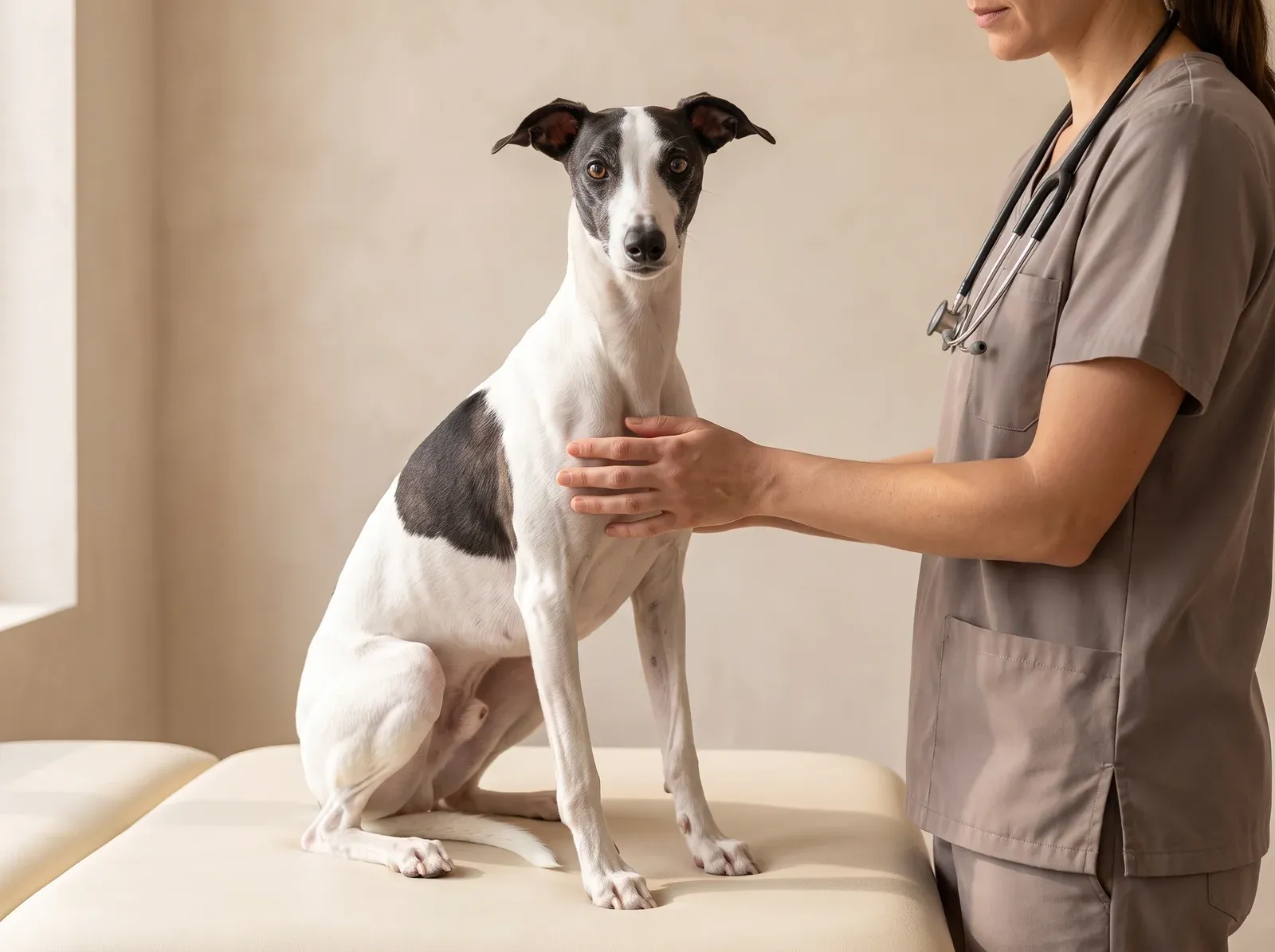 Whippet, a white and black adult sitting on a padded table as a vet in taupe scrubs rests a hand on their chest