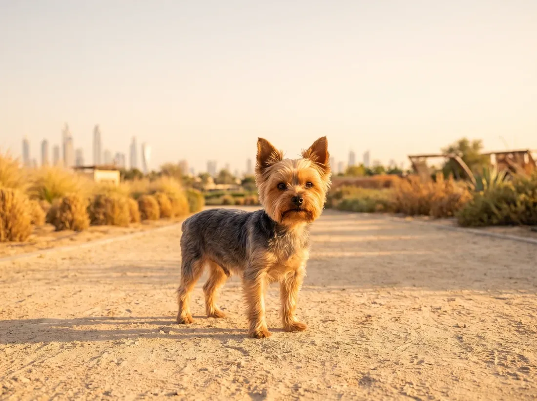 Yorkshire Terrier in Dubai, a blue and tan adult standing on a sandy park path, the skyline behind