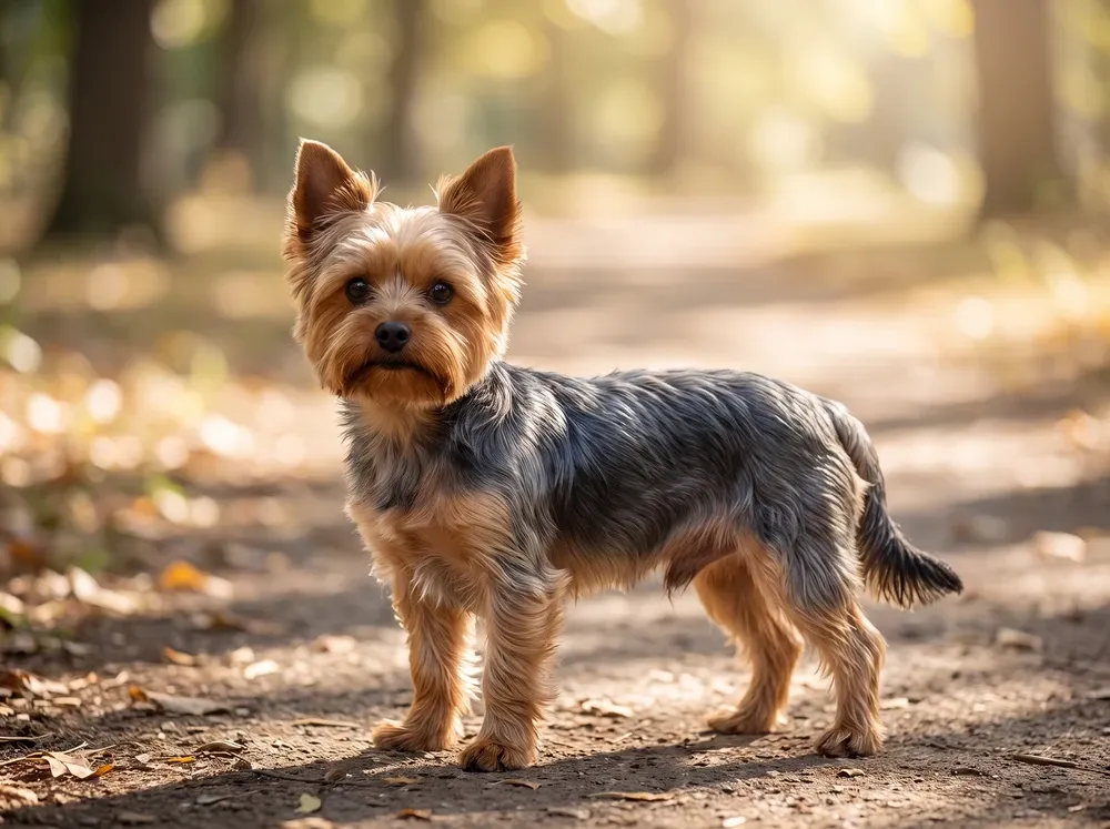 Yorkshire Terrier, an adult in a short summer cut standing on a shaded park path