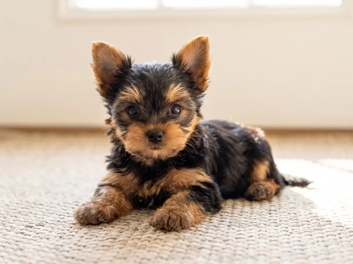 Yorkshire Terrier, a black and tan puppy lying on a rug, before the coat turns blue