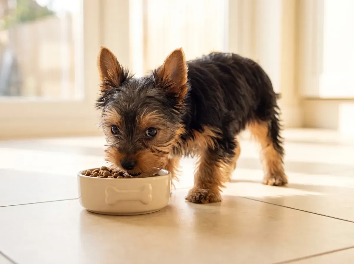 Yorkshire Terrier, a puppy eating from a small ceramic bowl on a kitchen floor