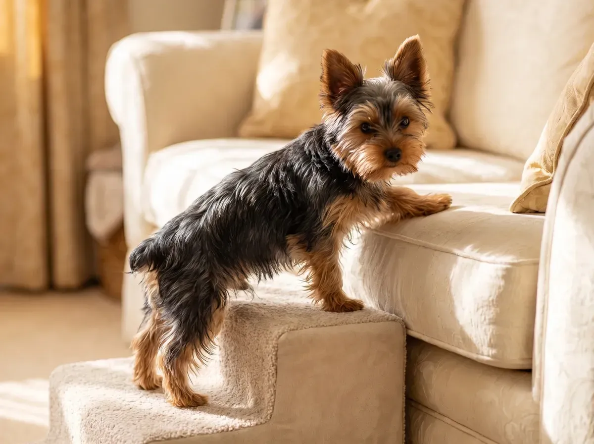 Yorkshire Terrier, a young dog climbing pet steps up to a cream sofa