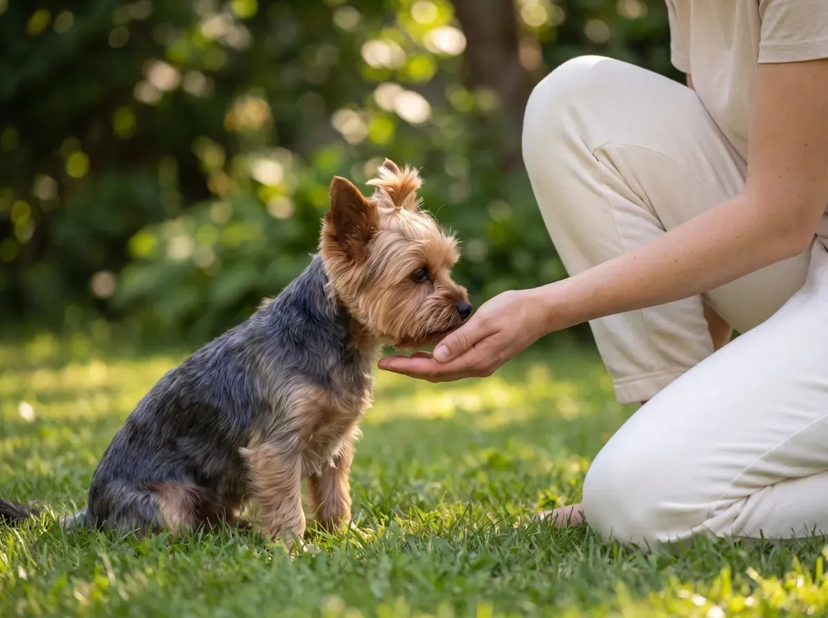 Yorkshire Terrier, a pet parent kneeling on a lawn to offer a hand to a calm adult