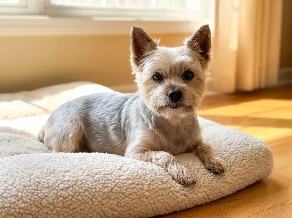 Yorkshire Terrier, an older dog with a greying face resting on a soft bed