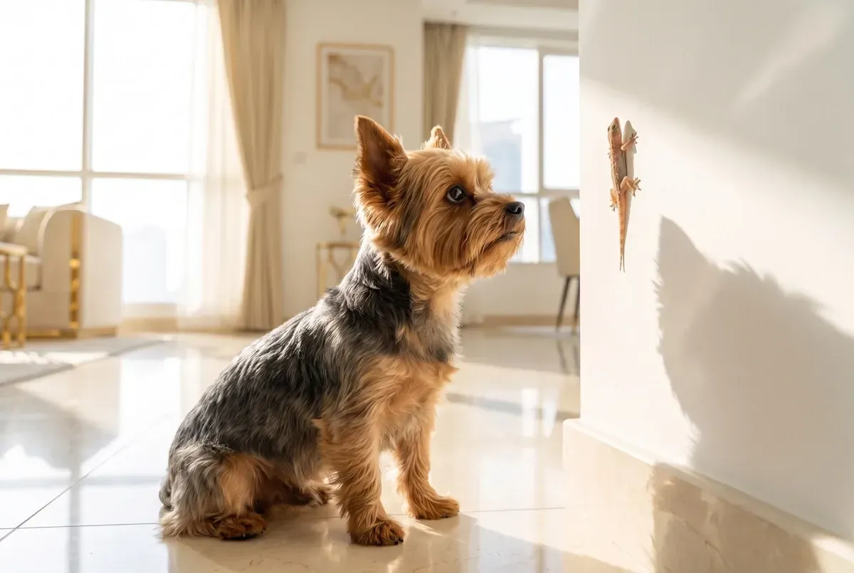 Yorkshire Terrier history, the breed today, an adult in a bright flat watching a gecko on the wall