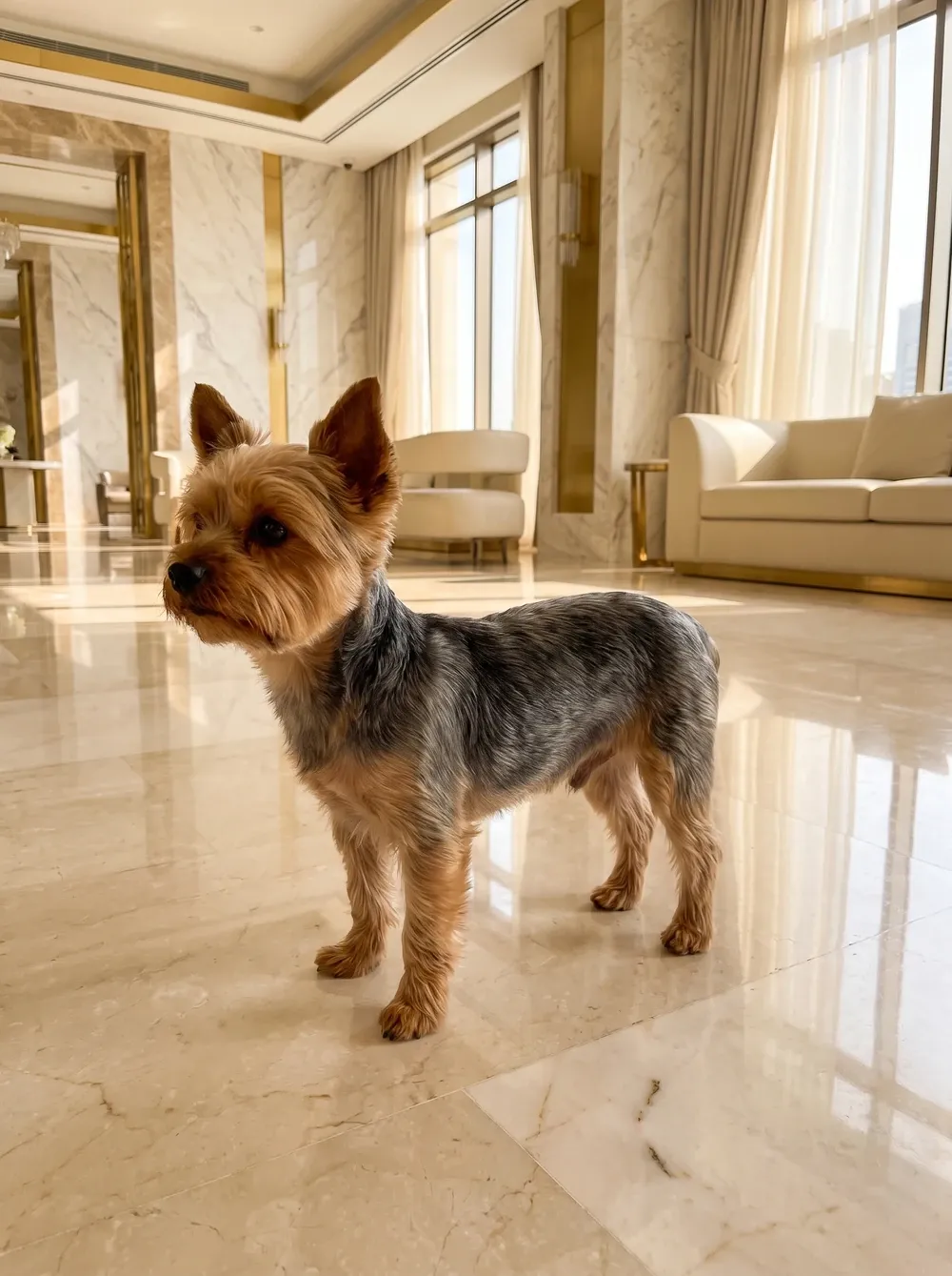 Yorkshire Terrier, a blue and tan adult standing on the marble floor of a bright apartment lobby