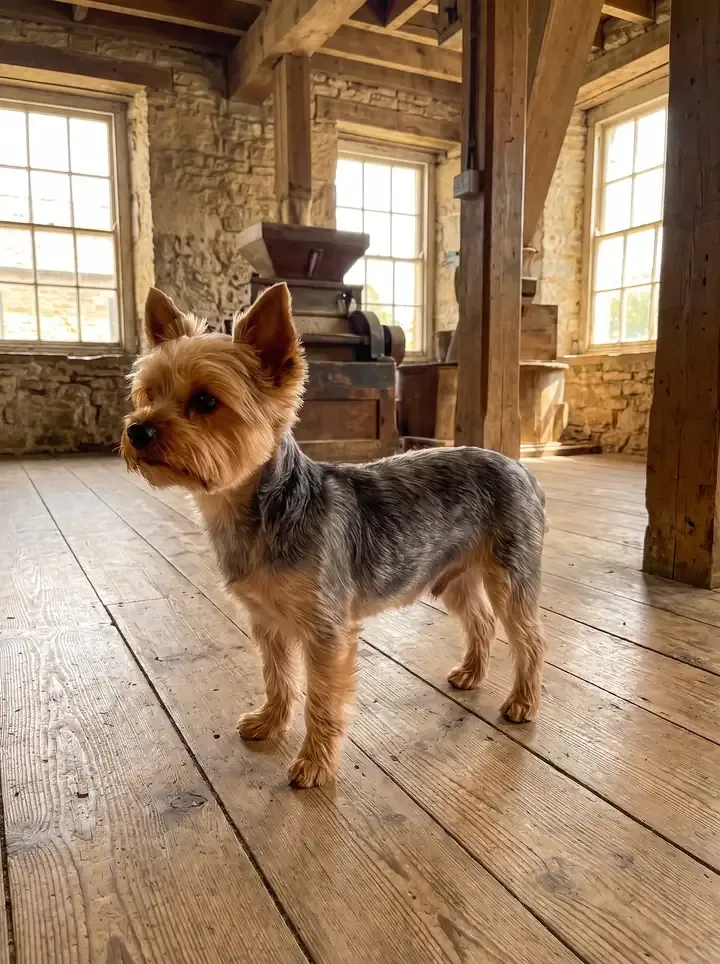 Yorkshire Terrier, a blue and tan adult standing on worn floorboards in an old stone mill
