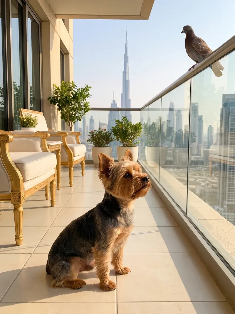 Yorkshire Terrier in Dubai, an adult on a high balcony watching a pigeon on the glass railing, the skyline beyond