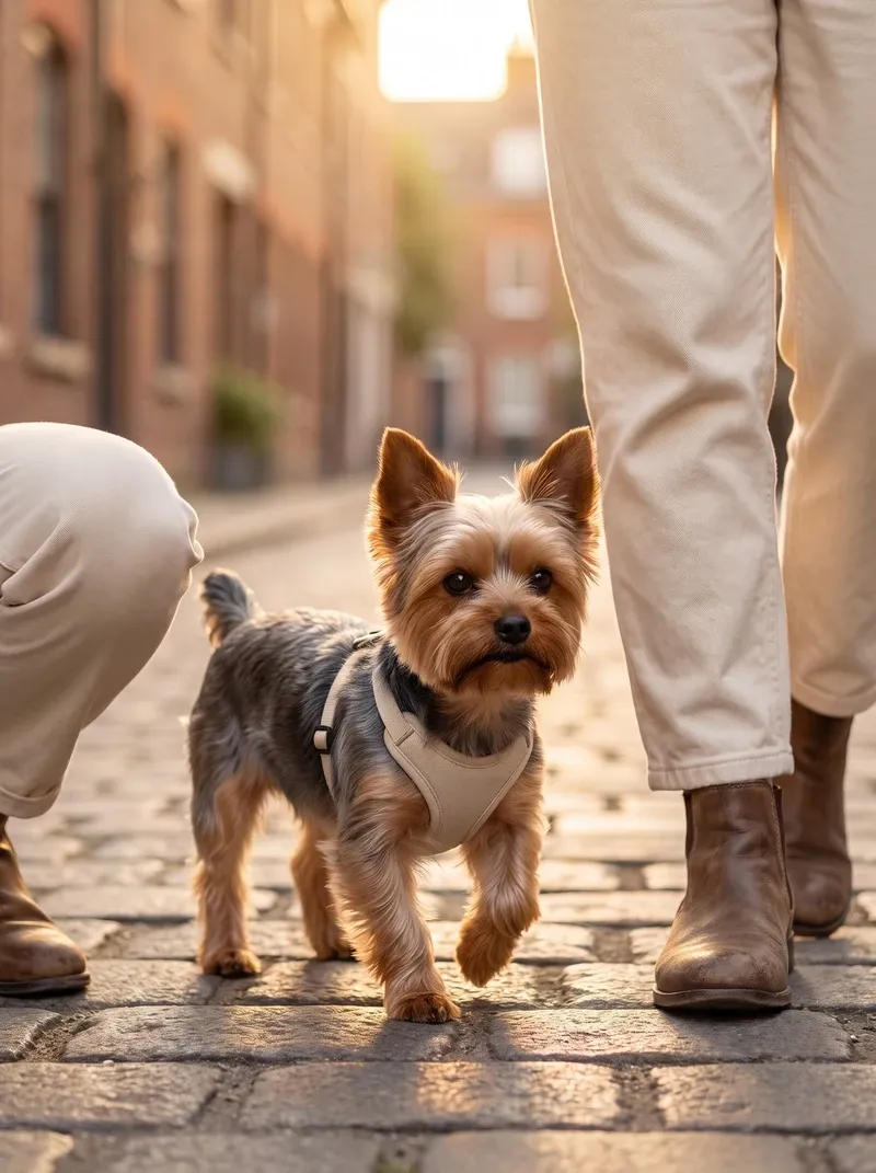 Yorkshire Terrier, an adult in a cream harness walking beside a pet parent on a cobbled street