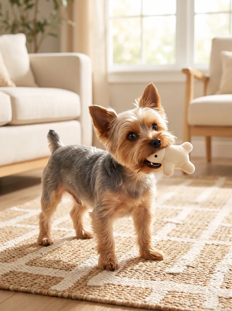 Yorkshire Terrier, a silver and gold adult carrying a soft toy across a woven rug