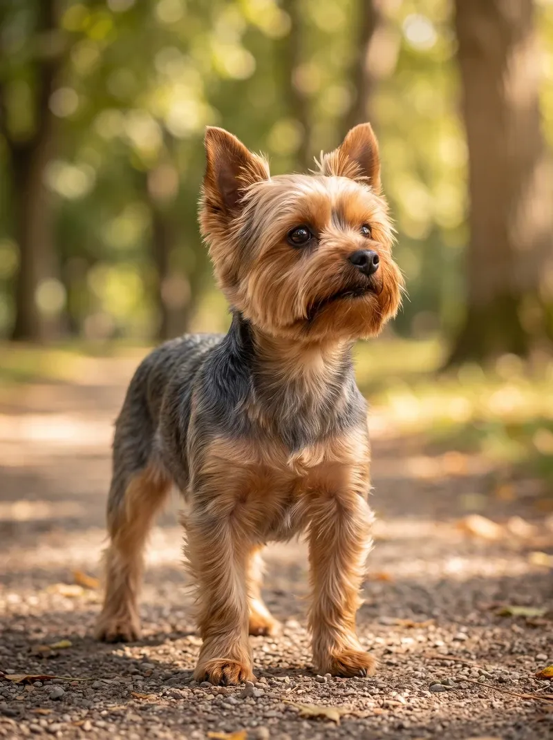 Yorkshire Terrier, an adult standing tall on a shaded park path, head up and alert