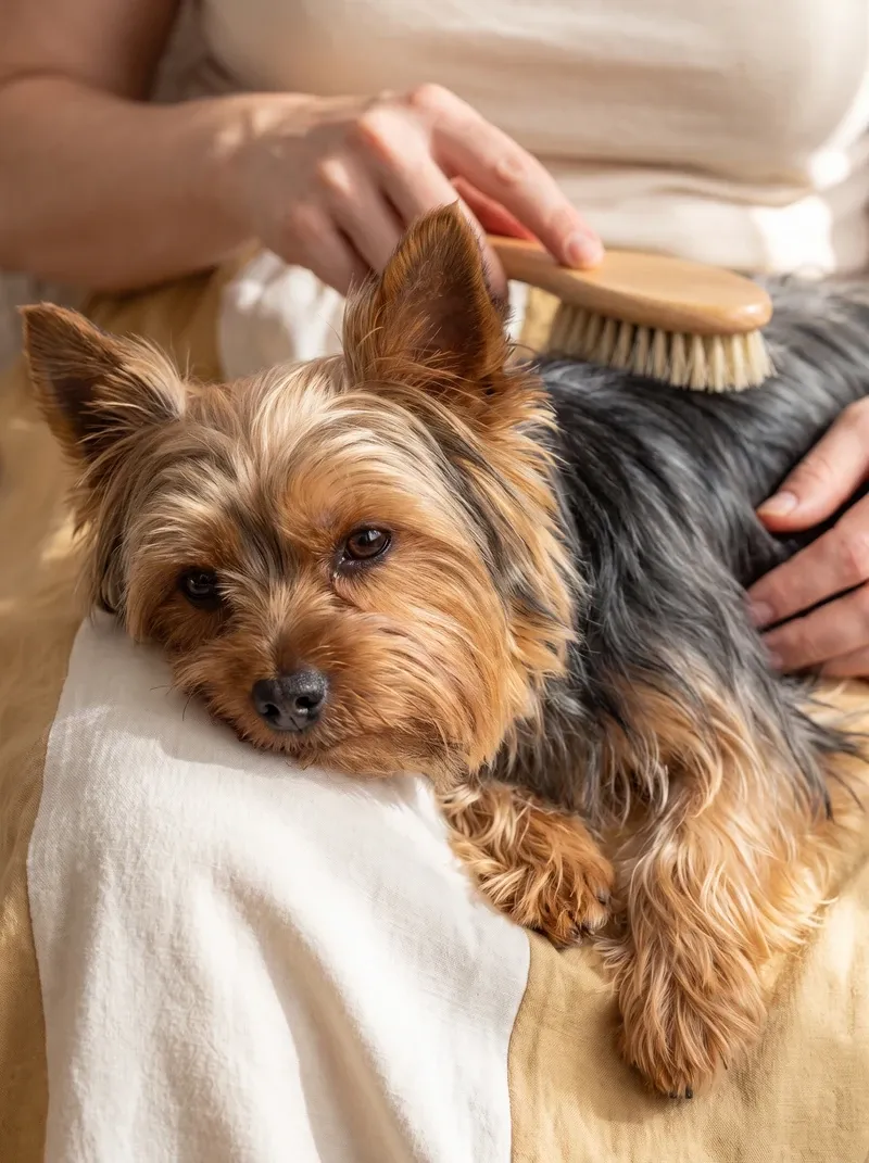 Yorkshire Terrier, an adult lying on a pet parent's lap while the long coat is brushed
