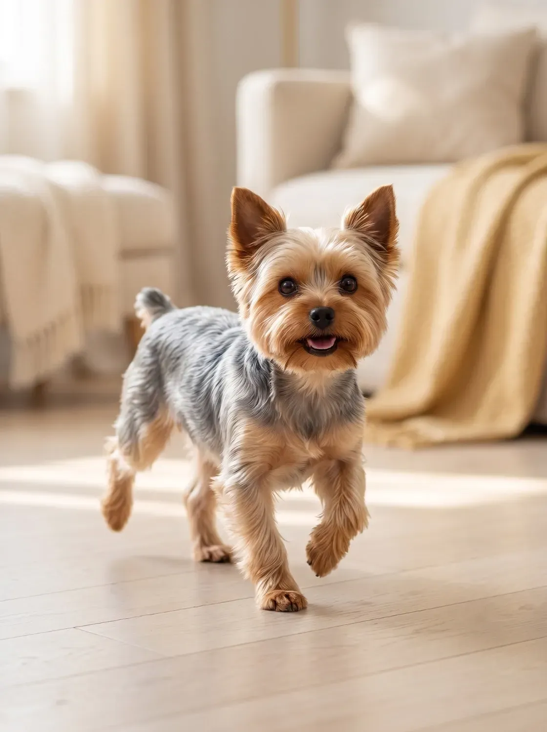 Yorkshire Terrier, a happy adult trotting across a pale wooden floor, one paw lifted