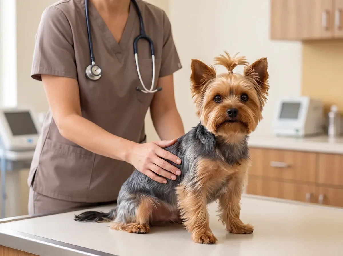 Yorkshire Terrier, a calm adult on the table with a hand from a vet in taupe scrubs on the dog's back