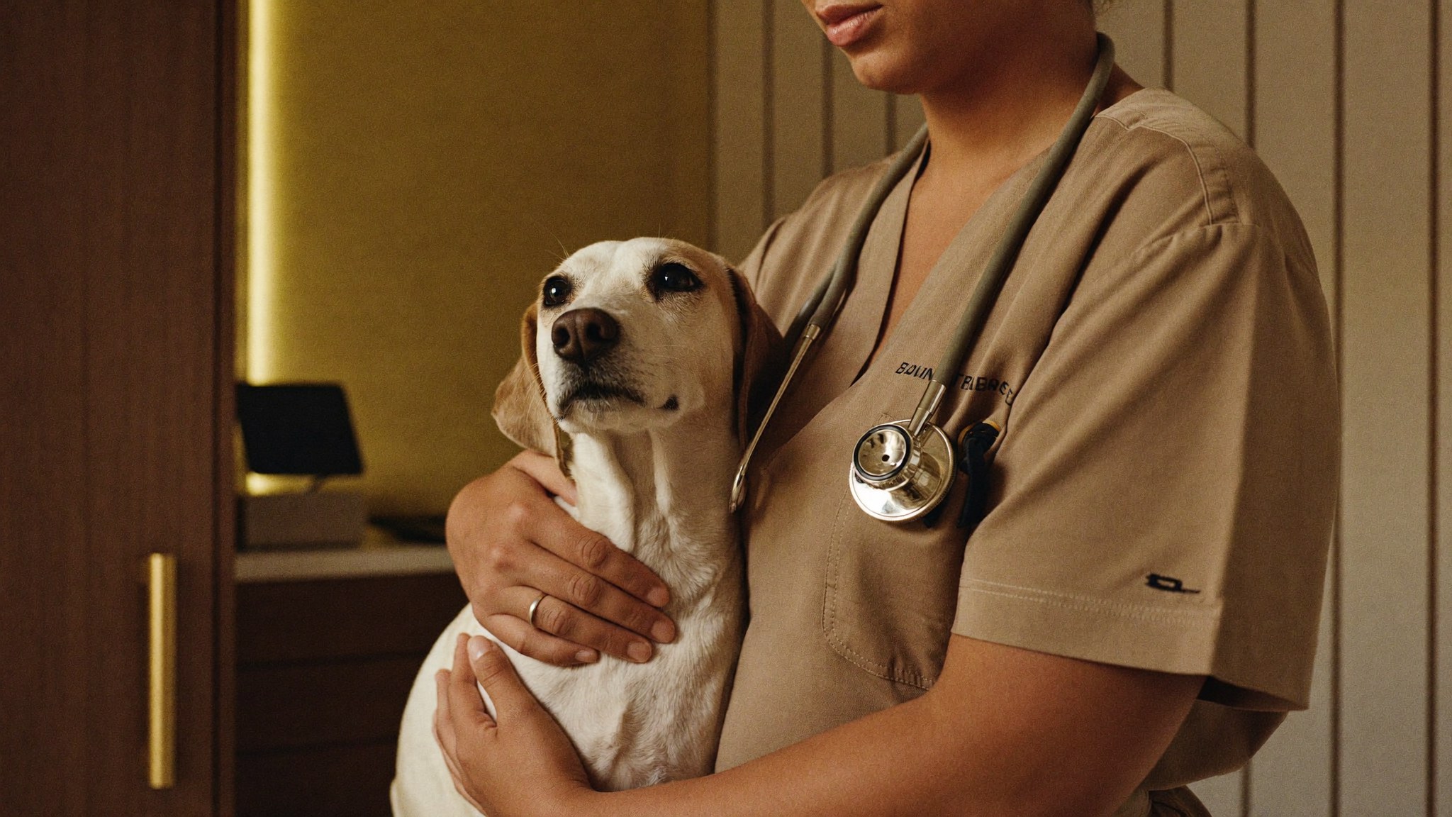A nurse holding a calm dog close in a warm boutique veterinary clinic