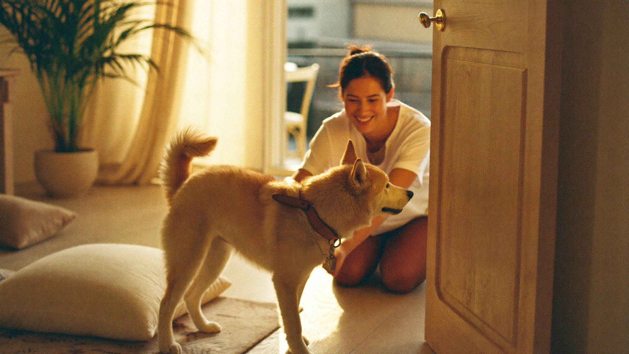 A new dog arriving into a warm Dubai home, welcomed by its owner