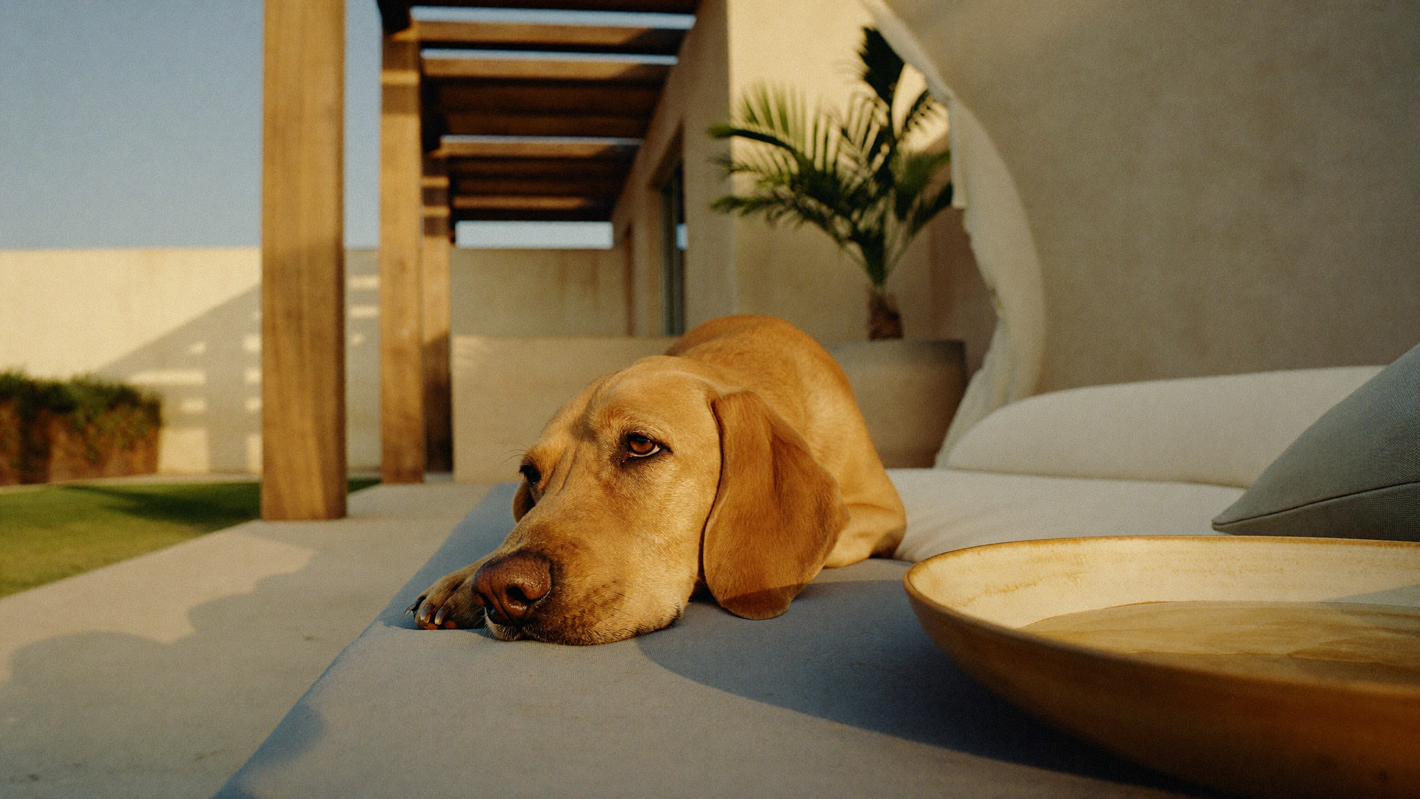 A calm dog resting in cool shade beside fresh water on a Dubai terrace at golden hour