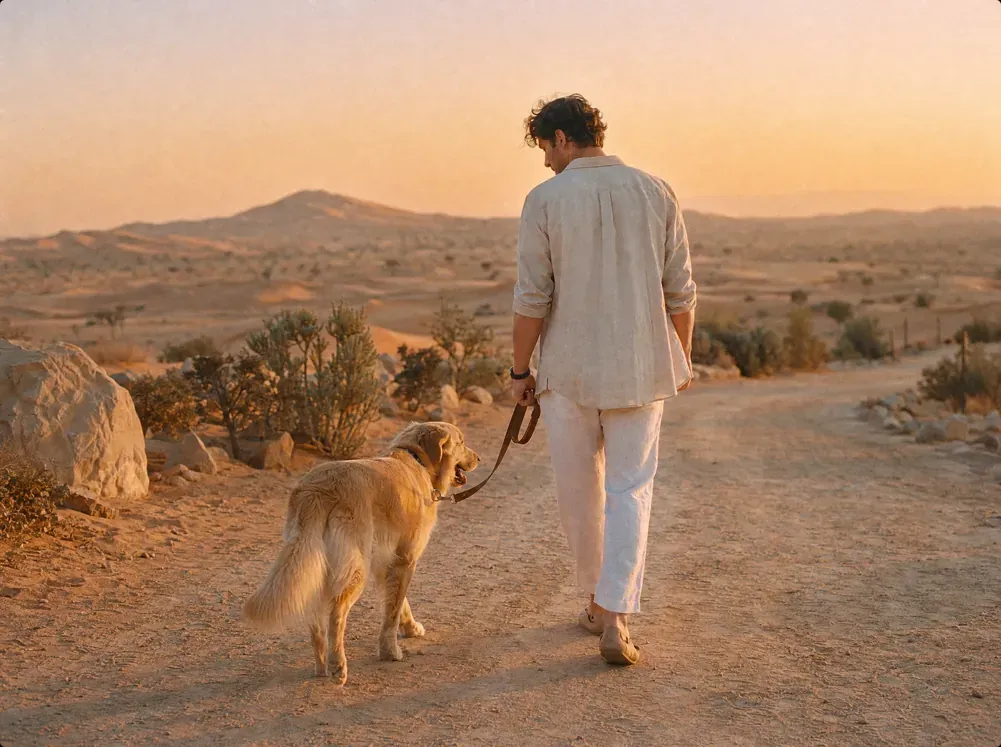 A pet parent walking a Golden Retriever on a clear desert path at dawn
