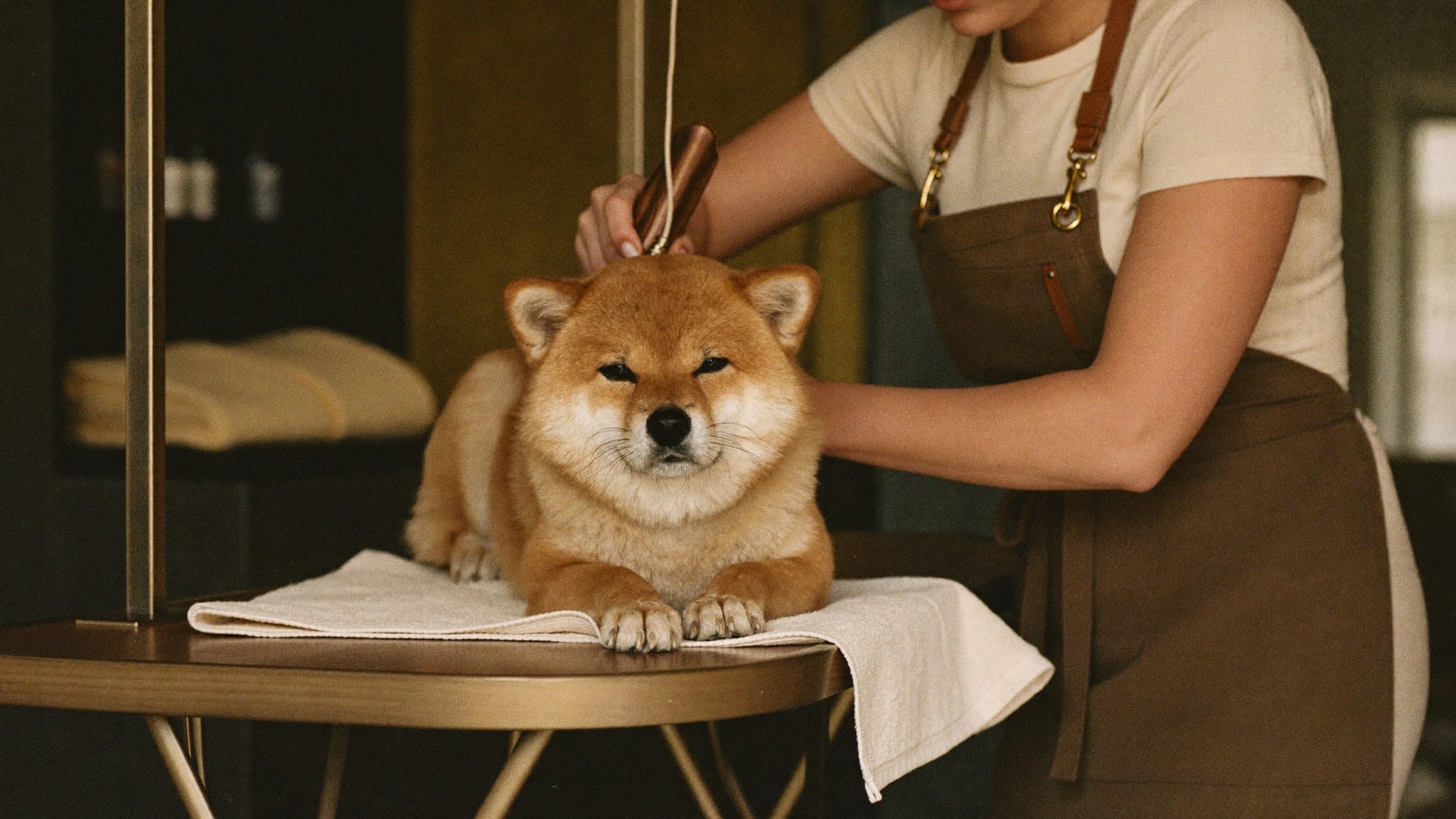 A calm Shiba Inu being gently brushed on a grooming table by a groomer in a warm apron