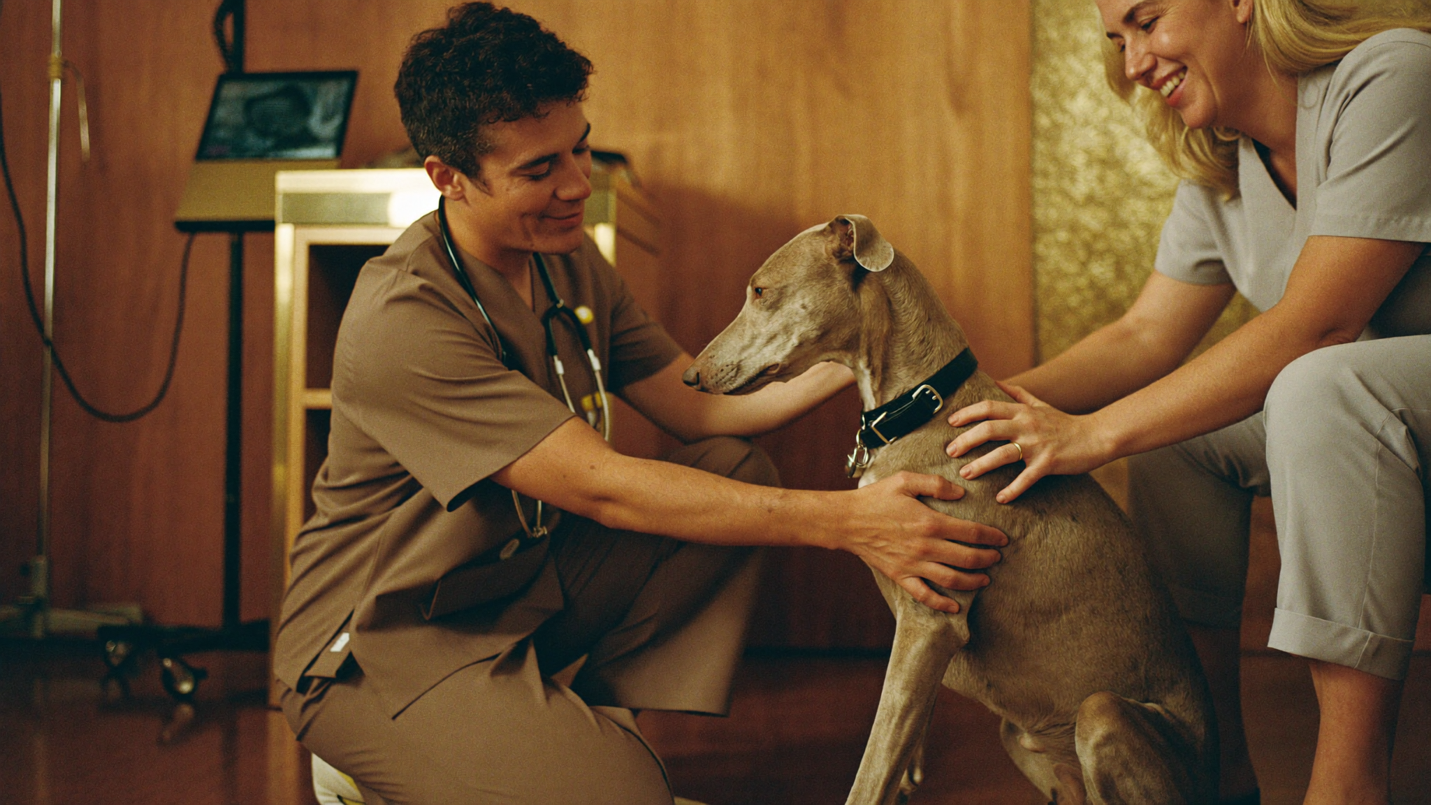 A vet gently examining a calm dog at eye level while the owner watches