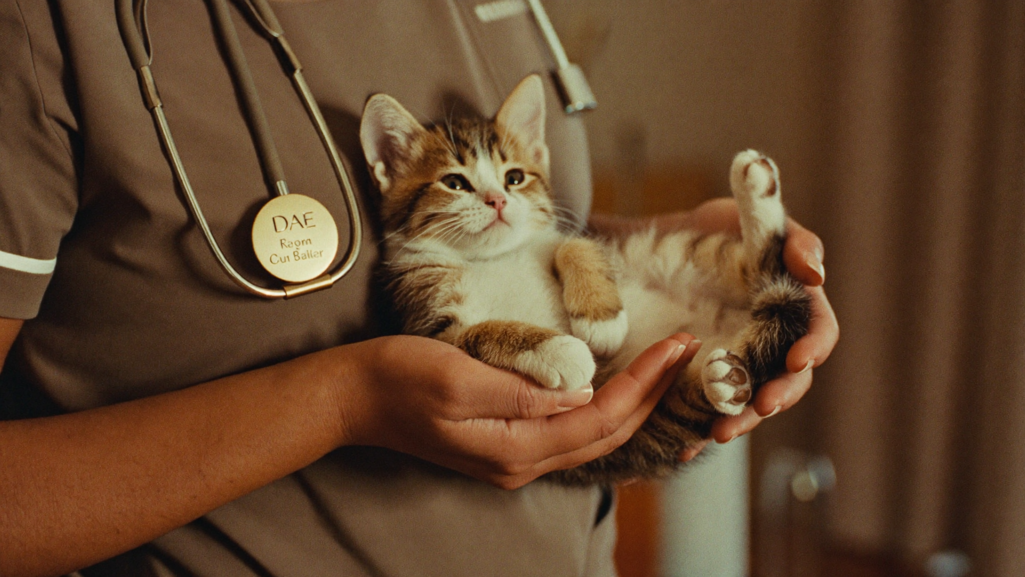 A calm kitten cradled gently in a nurse's hands in a warm clinic