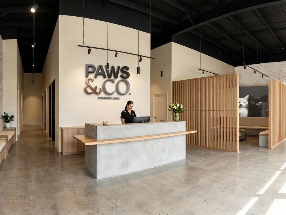 The reception of a Paws & Co clinic, with long cream benches and a stone reception desk